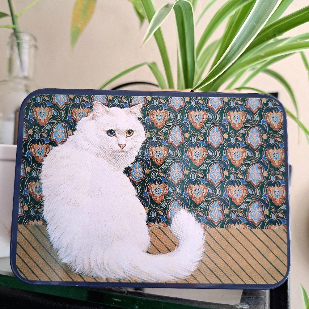 Vintage 80s Hallmark Springbok Cosmopolitan Cat Tin Metal Storage Box with Lid